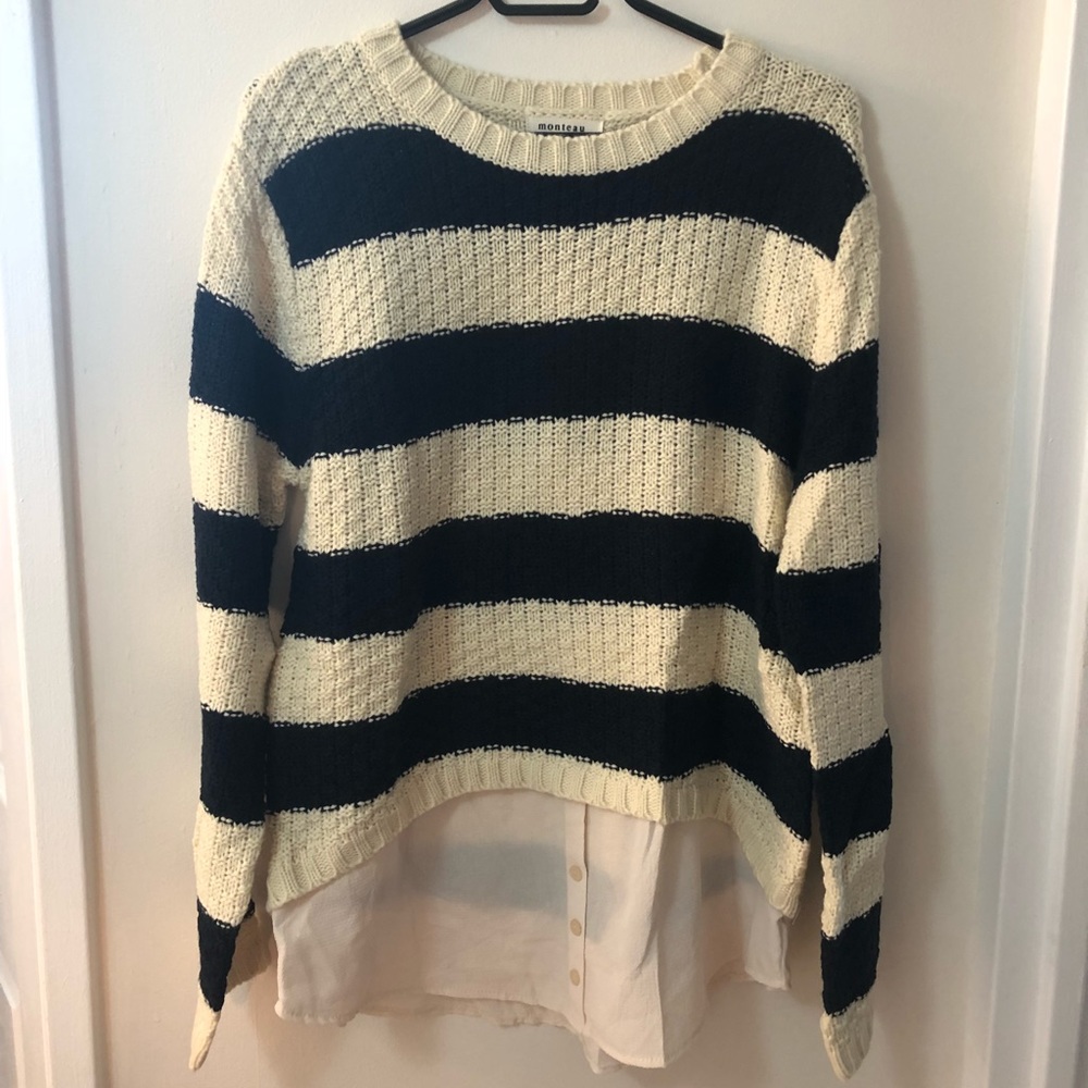 Striped knitted sweater with faux under shirt